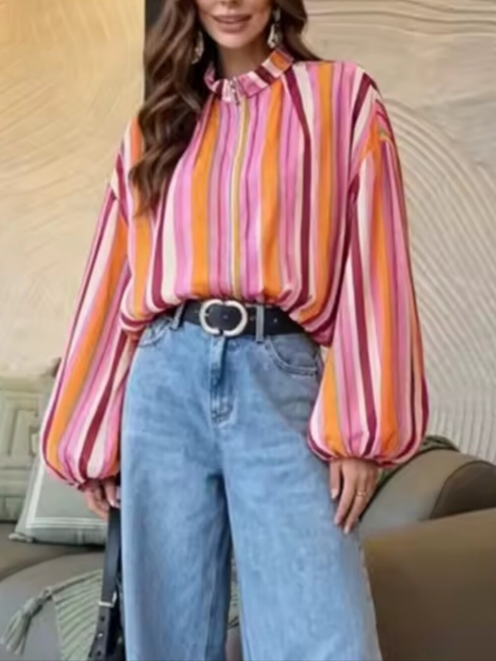 Women's Pink Multi-Stripe High-Neck Balloon Sleeve Top - Picture 6 of 7